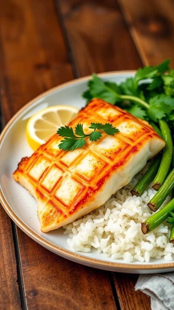 Pan-seared tilapia filet garnished with parsley and lemon, served with rice and vegetables.